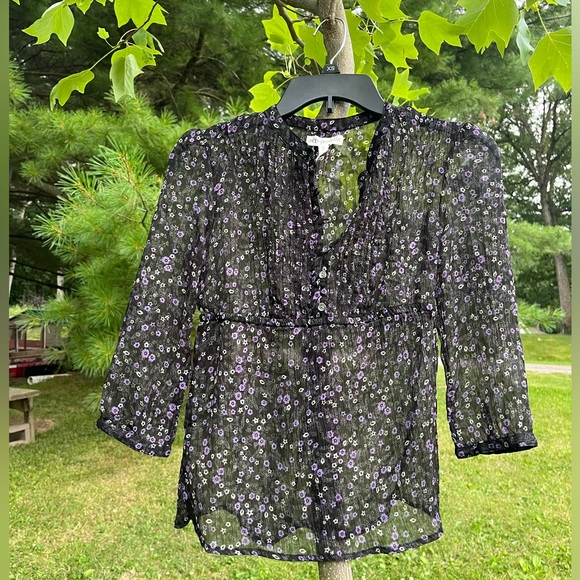 Aeropostale Sheer Flowered Juniors S Blouse 3/4 Sleeve Top Iridescent Buttons - Picture 2 of 10